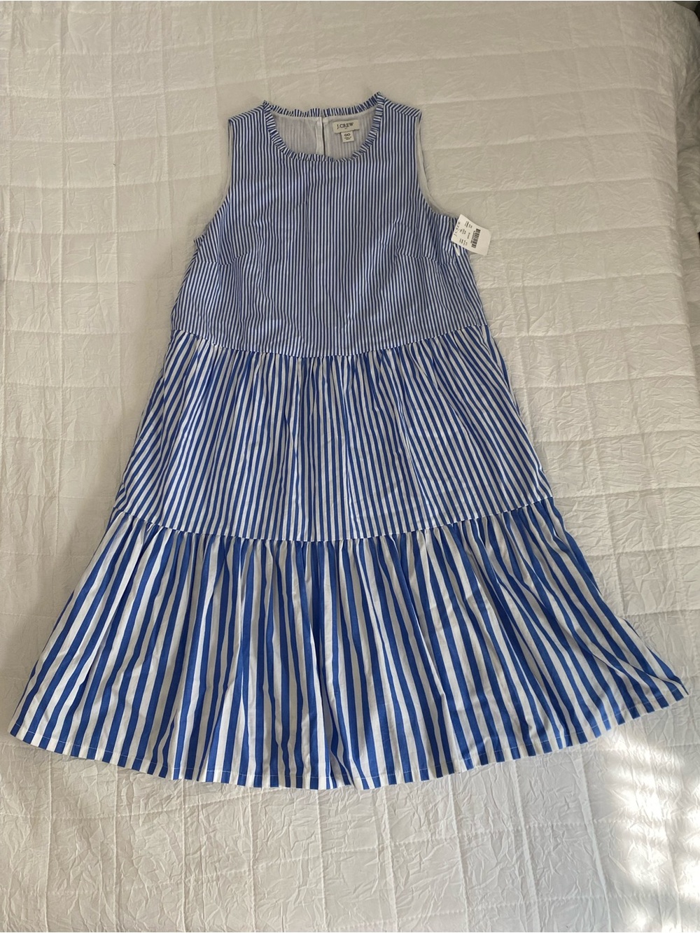 J. Crew Blue and White Striped Sleeveless Tiered Dress
